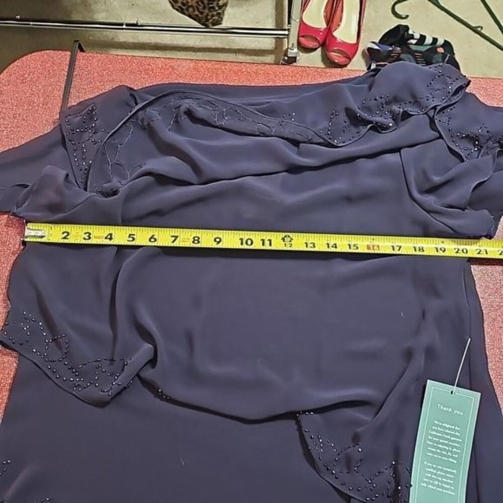Coldwater Creek Tiered Chiffon Boatneck Blouse 14‎ Purple Beaded Asymmetrical - Picture 9 of 11